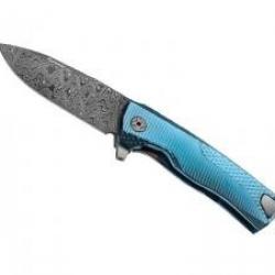Couteau Lionsteel ROK lame acier damas inox +manche titanium 6AL4V bleu