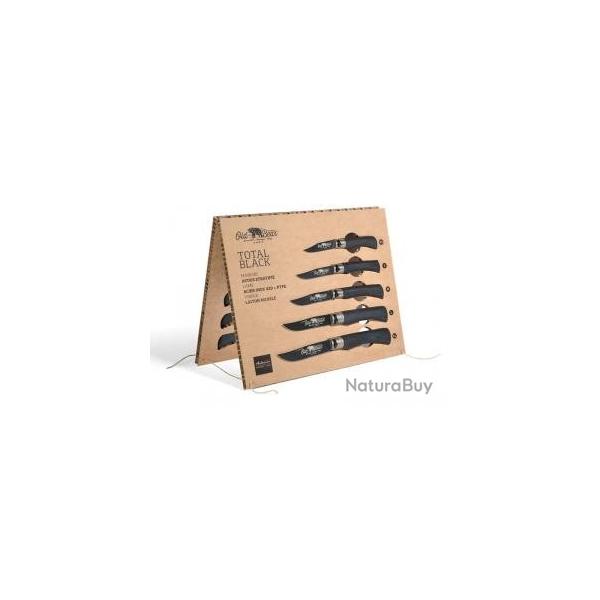 Prsentoir 10 couteaux Old Bear recto :virole laiton nickel / verso :virole aluminium anodis noir