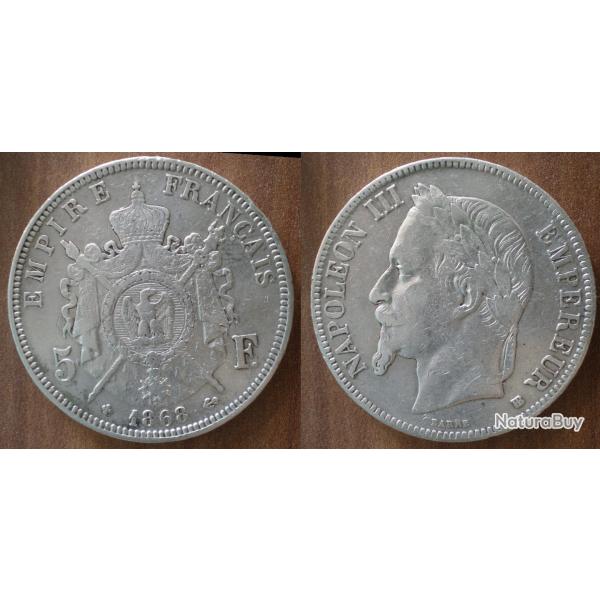France 5 Francs 1868 BB Atelier Strasbourg Piece Argent Ecu Piece Frcs Frs Frc