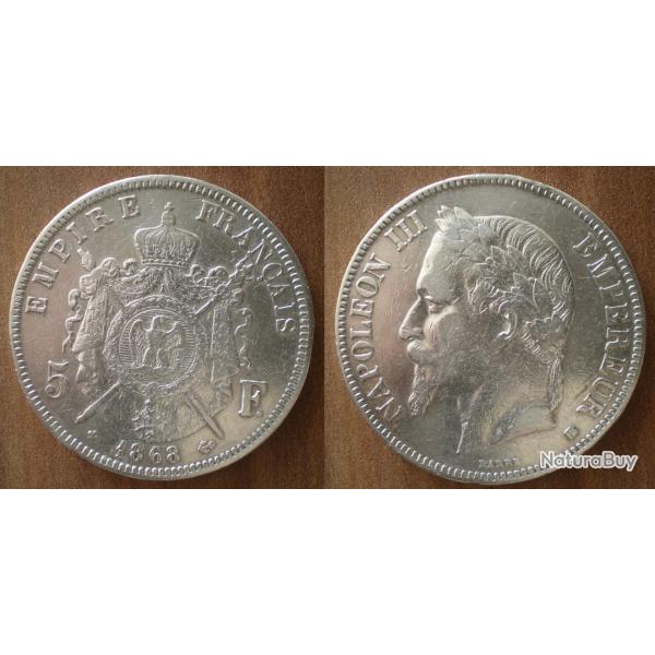 France 5 Francs 1868 BB Atelier Strasbourg Piece Argent Ecu Piece Frcs Frs Frc