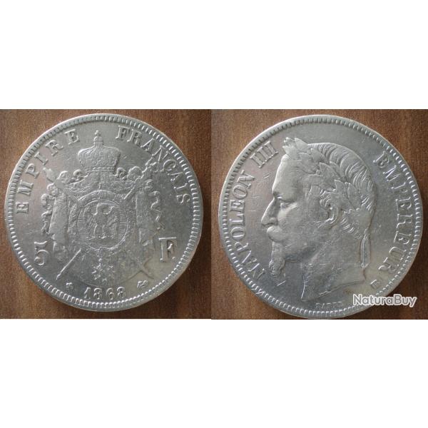 France 5 Francs 1868 BB Atelier Strasbourg Piece Argent Ecu Piece Frcs Frs Frc