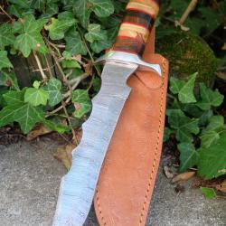 Couteau Bowie Crocodile Dundee Bush Manche Bois Lame Acier Damas 256 Couches Etui Cuir F Artisanale