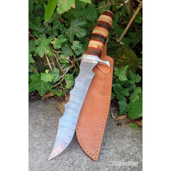 Couteau Bowie Crocodile Dundee Bush Manche Bois Lame Acier Damas 256 Couches Etui Cuir F Artisanale