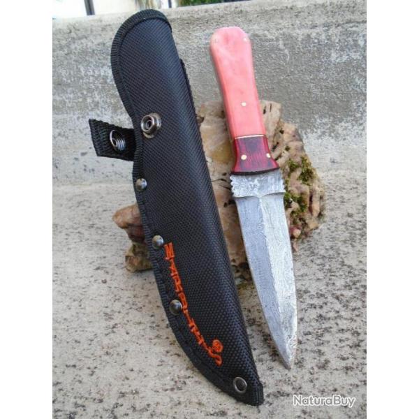 Couteau de Chasse Dague Damas Lame Acier 256 Couches Manche Bois Fabric Artisanale Etui Simili Cuir