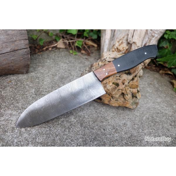 Couteau De Cuisine Santoku Lame Acier Damas 256 Couches Manche Bois/Micarta Fabric Artisanale 001