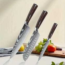 LOT EXCEPTIONNEL : Couteaux Cuisine Pro Motif Damas Lame Inox - Élégance & Précision !, Modele: 3pc