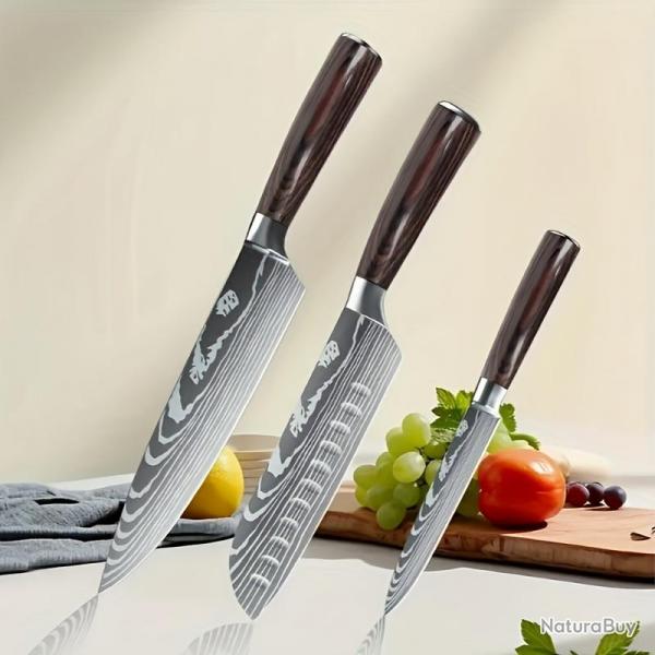 LOT EXCEPTIONNEL : Couteaux Cuisine Pro Motif Damas Lame Inox - lgance & Prcision !, Modele: 3pc
