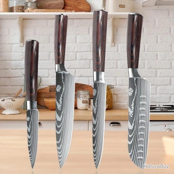 LOT EXCEPTIONNEL : Couteaux Cuisine Pro Motif Damas Lame Inox - lgance & Prcision !, Modele: 4pc
