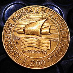 Italie piece de 200 L Genova 92 exposition mondiale filatelie ttb