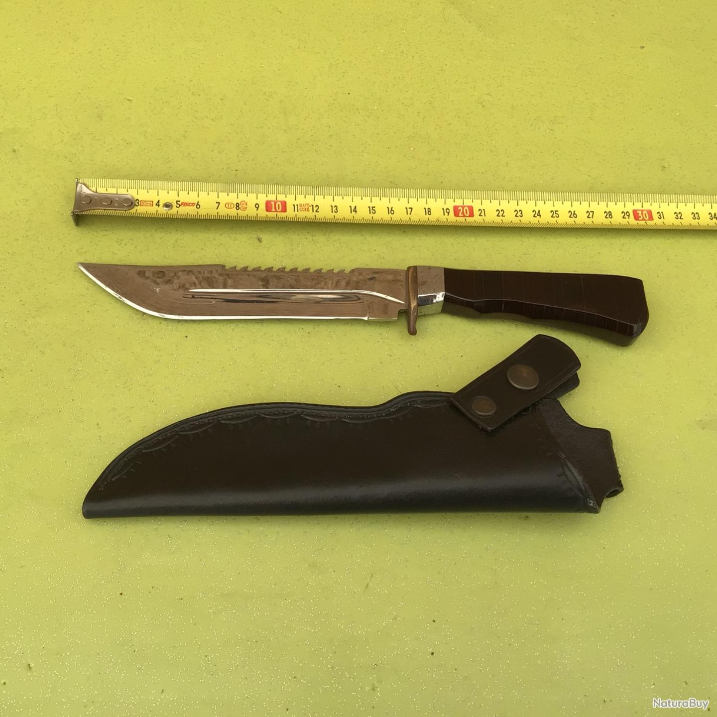 Couteau De Chasse à Lame Noire Revêtue Poudre, Manche En Bois De Rose, Avec Fourreau Cuir - Neuf, Fabrication Artisanale