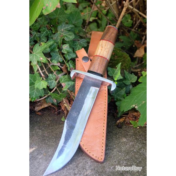 Poignard Bowie Couteau Chasseur Ours Lame Acier Carbone 1075 Manche 3 Bois Etui Cuir Fab Artisanale