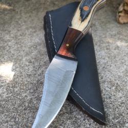 Couteau Skinner Damas Lame Upswept Acier 256 Couches Manche 2 Bois Etui Cuir Fabr Artisanale