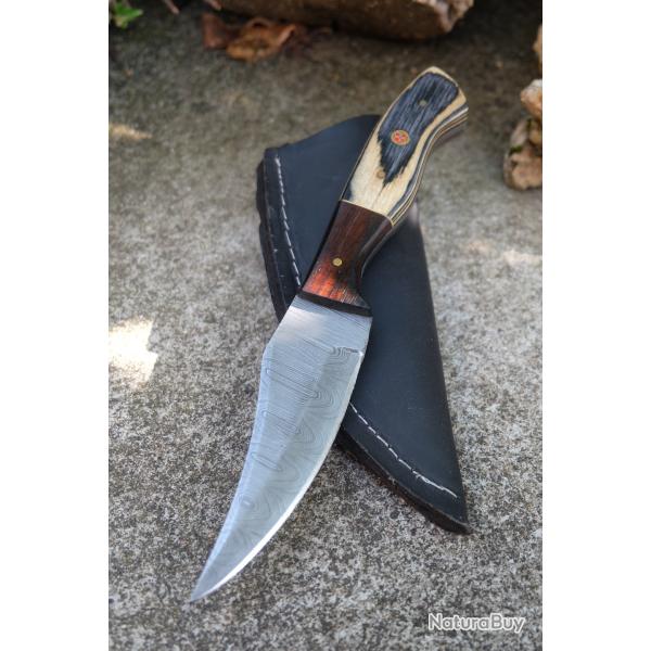 Couteau Skinner Damas Lame Upswept Acier 256 Couches Manche 2 Bois Etui Cuir Fabr Artisanale