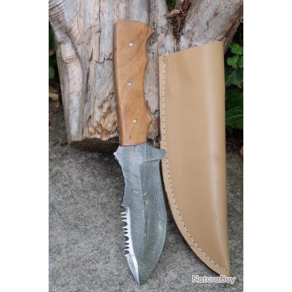 Couteau Tactical Survie Lame Damas Acier 256 Couches Manche Bois Olivier Etui Cuir Fabric Artisanale