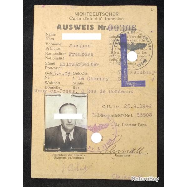 AUTHENTIQUE AUSWEIS ALLEMAND DE 1942 LAISSER PASSER  / WW2 SECONDE GUERRE MONDIALE