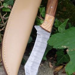 Mini Katana Couteau Tanto Damas Lame 256 Couches Manche 2 Bois Fabrication Artisanale Etui Cuir