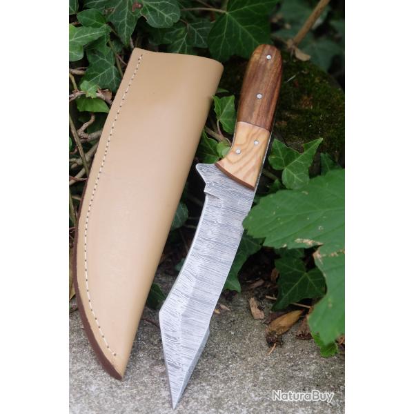 Mini Katana Couteau Tanto Damas Lame 256 Couches Manche 2 Bois Fabrication Artisanale Etui Cuir