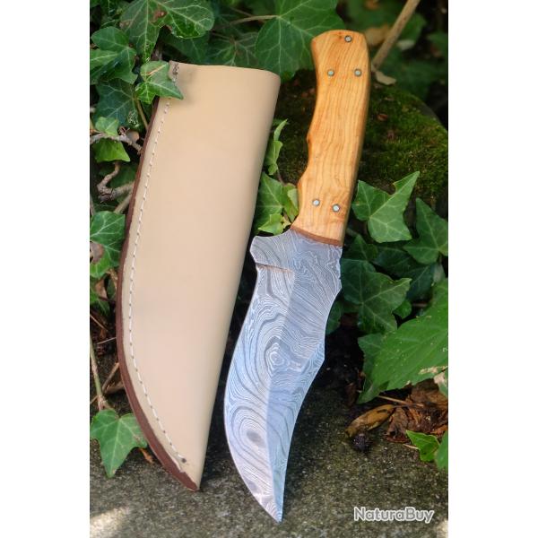 Couteau Skinner Bowie Damas Lame Acier 256 Couches Manche Bois Olivier Etui Cuir Fab Artisanale