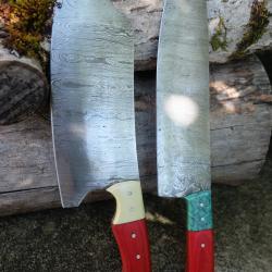 Lot de 2 Couteau Couperet Style Japonais Kiritsuke Damas Lame 256 Couches Manche Bois Artisanale