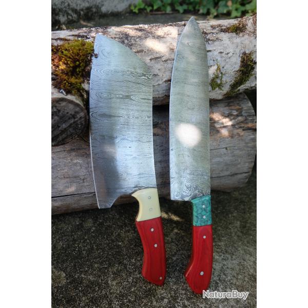 Lot de 2 Couteau Couperet Style Japonais Kiritsuke Damas Lame 256 Couches Manche Bois Artisanale