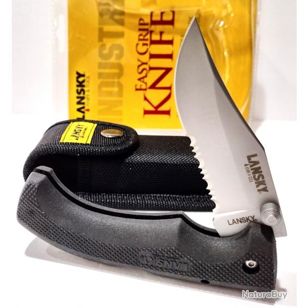 Couteau Lansky Easy Grip Lockback Lame Clip Point Serr Acier Inox Manche caoutchouc Etui Nylon