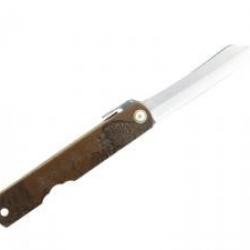 Couteau Higonokami lame acier carbone San Mai manche en laiton brun