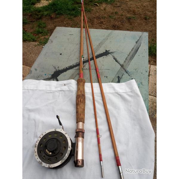 Vintage Canne a  mouche bambou refendu 2,6m + moulinet automatique Mitchell 710