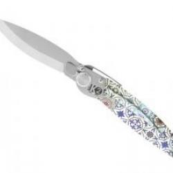 Couteau K2 lame acier Z40C13 microbillé manche décor faïence +étui