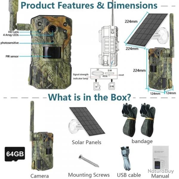 Camra Solaire de html et de Suivi des Sentiers, Dtection de Mouvement PIR, tanche, 4K, 14MP, 4G, 