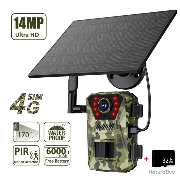 Camra solaire de chasse 14mp, 4G, tanche, 20M, dtection de mouvement PIR Vision nocturne infrarou