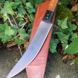 Couteau Chasse Lame Scimitar Acier Carbone 1055 Black Manche Bois Etui Cuir Fabr Artisanale