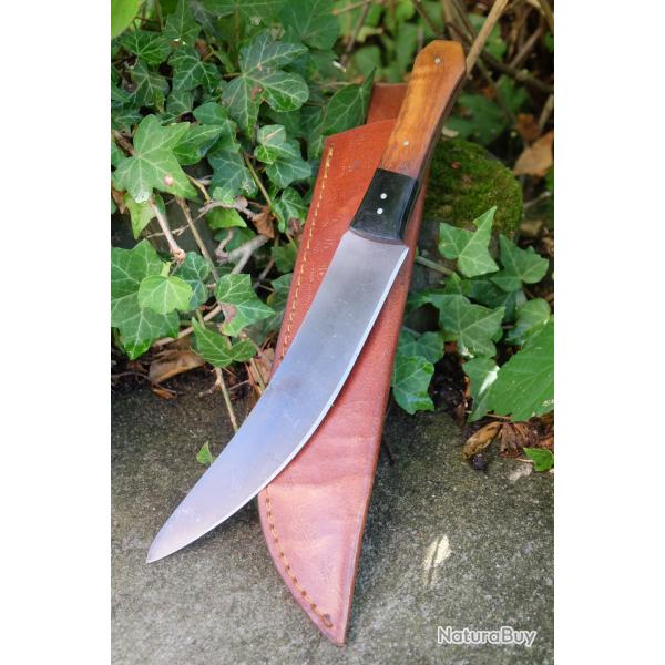 Couteau Chasse Lame Scimitar Acier Carbone 1055 Black Manche Bois Etui Cuir Fabr Artisanale