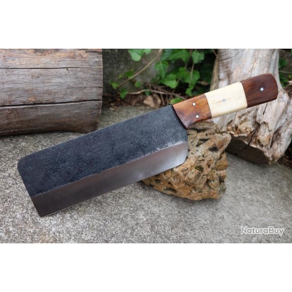 Couteau de Cuisine Style Japonais Nakiri Couperet Lame Acier Carbone 1075 Manche Os/Bois Artisanat