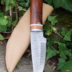 Puukko Couteau Damas Lame 256 Couches Manche Bois Fabric Artisanale Etui Cuir Nordic Style