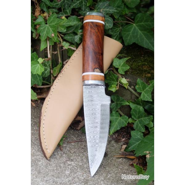 Puukko Couteau Damas Lame 256 Couches Manche Bois Fabric Artisanale Etui Cuir Nordic Style