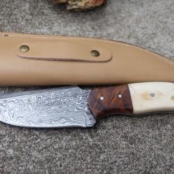 Couteau Bowie Damas Lame Trailing Point Acier 256 Couches Manche Os & Bois Etui Cuir Fab Artisanale