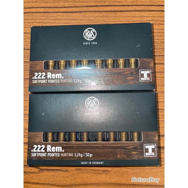 40 CARTOUCHES 222 REM SOFTPOINT POINTED RWS 50GR