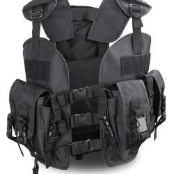 GILET TACTIQUE AIRSOFT POCHE DORSALE ET 4 POCHES VENTRALES - NOIR - LIVRAISON GRATUITE