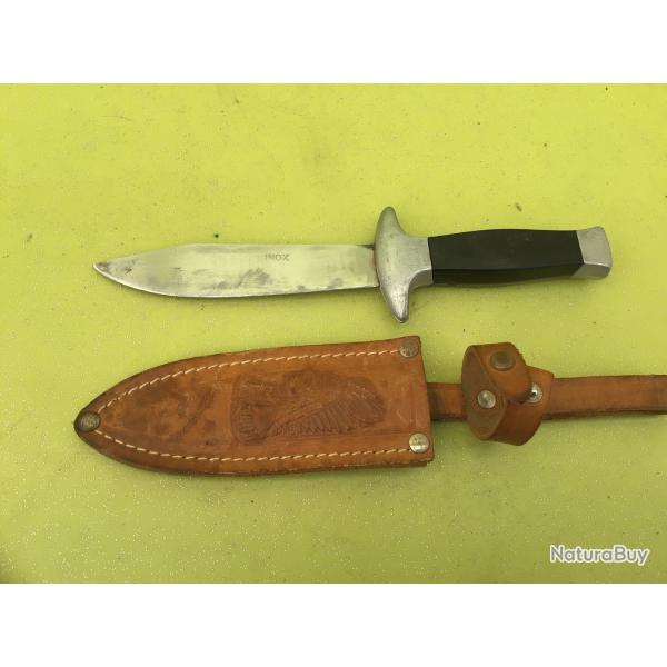 VENDU PAR LE-CUIRASSIER  PETIT POIGNARD INOX TYPE SCOUT AVEC FOURREAU CUIR VINTAGE
