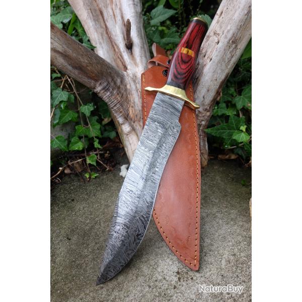Gros Bowie Couteau de Chasse Damas Lame 256 Couches Drop Point Manche Bois Fab Artisanale Etui Cuir