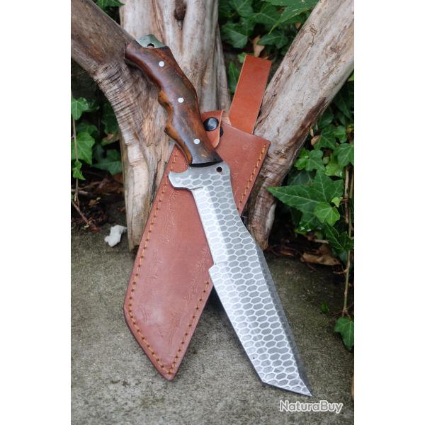Couteau Bushcraft Trakker Survie Lame Acier Carbone 1055 Manche Bois Etui Cuir Fabr Artisanale