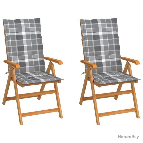 Chaises de jardin lot de 2 et coussins  carreaux gris Teck