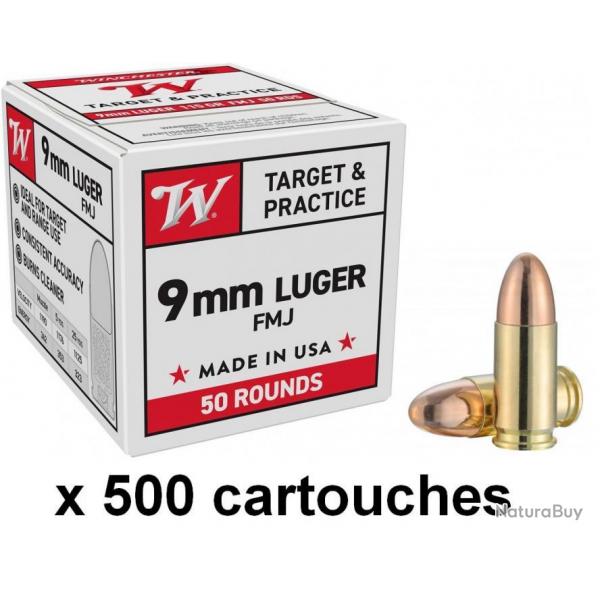 Munitions WINCHESTER FMJ CALIBRE 9 mm Luger / 9 x 19 / 9 mm para 124 GRS 10 boites ( 500 munitions)