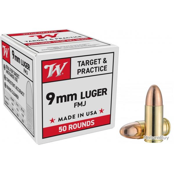 Munitions WINCHESTER FMJ CALIBRE 9 mm Luger / 9 x 19 / 9 mm para 124 GRS 1 boite ( 50 munitions )