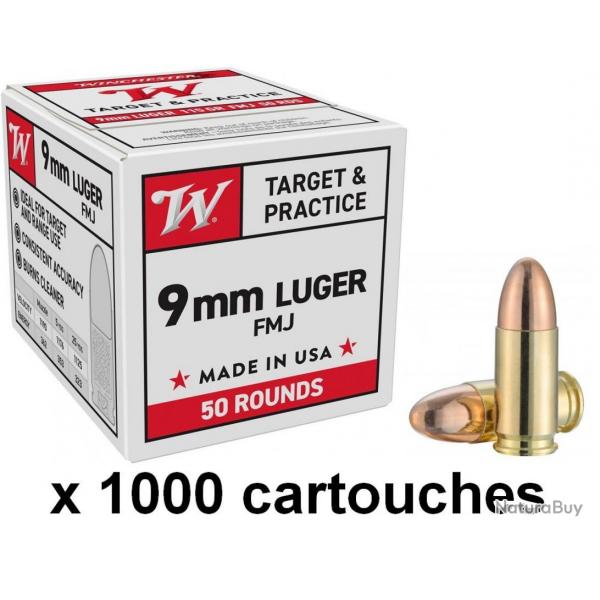 Vente Flash Munitions WINCHESTER FMJ 9 mm Luger / 9x19 / 9 mm para 124 GRS 20 boites 1000 munitions
