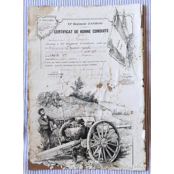 1921 52e Rg. Artillerie Certificat de bonne conduite illustration canon de 75
