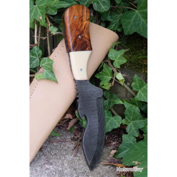 Couteau Skinner Damas Lame Acier 256 Couches Ouvre Bouteilles Manche Os/Bois Etui Cuir Fab Artisanat