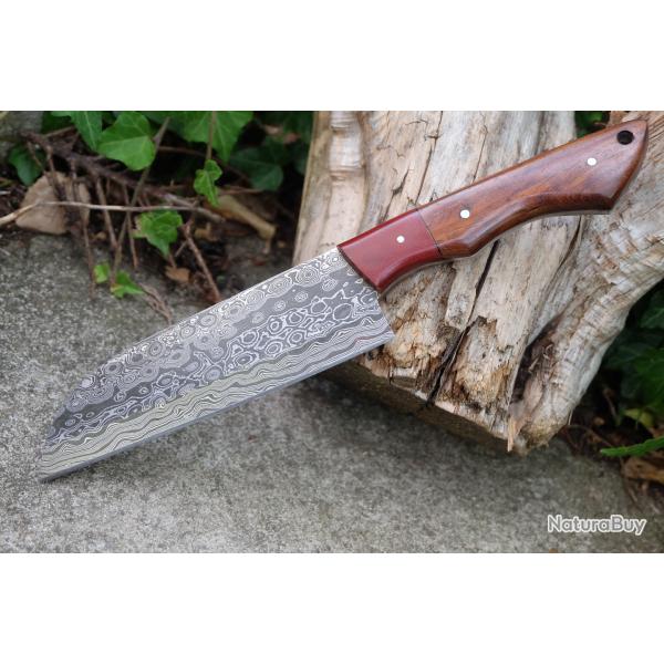 Couteau De Cuisine Santoku Epaisse Lame Acier Damas Bubble 256 Couches Manche Bois Fabr Artisanale