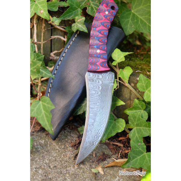Skinner Couteau de Chasse Damas Lame 256 Couches Manche Bois Blue/Red 3D Fabr Artisanale Etui Cuir