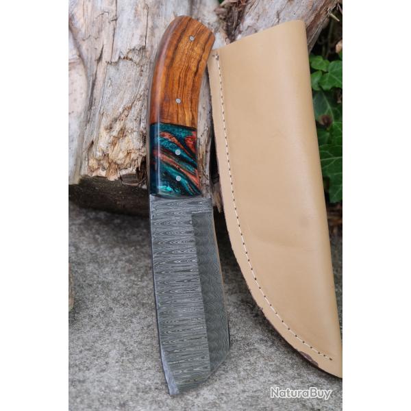 Couteau Tanto Damas Lame 256 Couches Manche Bois & Rsine Fabric Artisanale Etui Cuir